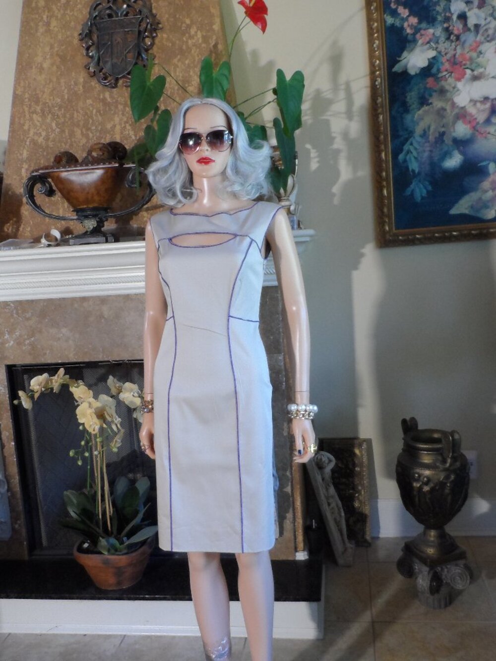 Alberta Ferretti Light Gray Cotton Sheath Dress Purple Trim Size US 6